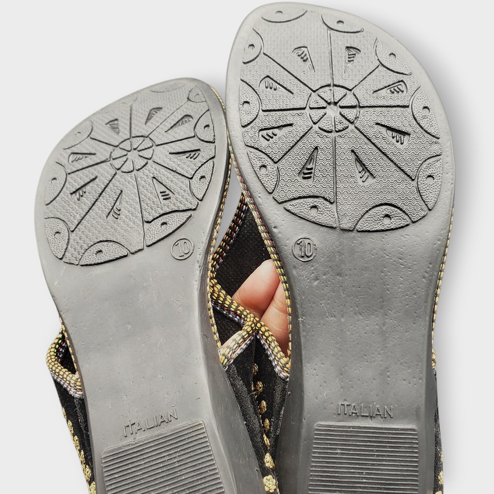 Italian Black Gold Embroidered Wedge Thong Sandals Womens Size 7-7.5 Ethnic - Picture 8 of 12